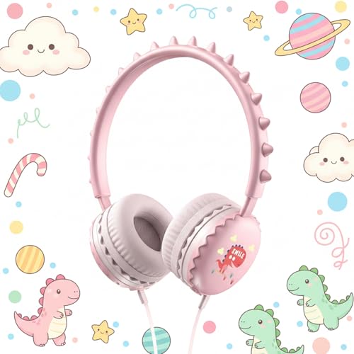 Kids Dinosaur Wired Headphones with Noise Cancelling Pink | Safe 85/94dB Volume Limit, HD Microphone for School, Soft Ear Cups, Pink Headphones for Toddlers & Teens - color: Dinosaur Pink