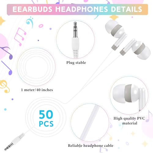 50 Pack Earbud Bulk Headphone for Classroom Earphone Earbud with Wire Individually Bagged Wired in Ear Buds(White) - color: White