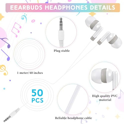50 Pack Earbud Bulk Headphone for Classroom Earphone Earbud with Wire Individually Bagged Wired in Ear Buds(White) - color: White