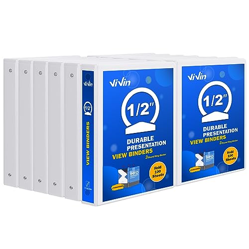 3 Ring Binder 1/2 Inch, ViVin Sturdy 0.5"-Round Ring Binder with 2 Interior Pockets, Clear View Cover, PVC-Free, Fits 100 Sheets of 8.5'' x 11'' Paper, Office Home School (12 Pack, White) - color: White, size: 1/2 Inch, style: 12 Pack