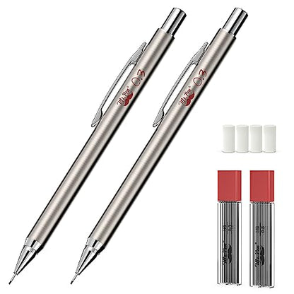 Mr. Pen- Metal Mechanical Pencil Set with Lead Refills & Erasers, 2 Pack | 0.3mm, 4x Tubes HB Lead Refill, 4x Eraser Refills for School Supplies, Note Taking, Drawing, Sketching, Office - style: 0.3mm