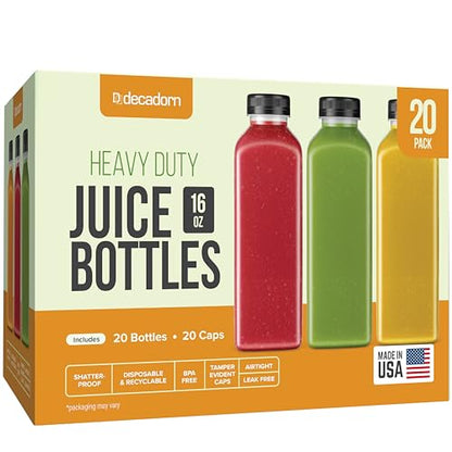 DECADORN 16 oz Juice Bottles with Caps, 20 Pack, Made in USA | BPA-Free Plastic Bottles, Tamper-Evident Lids, Leak-Resistant, Shatterproof, Disposable & Recyclable, for Juicing & Fridge - size: 16 oz 20 Pack