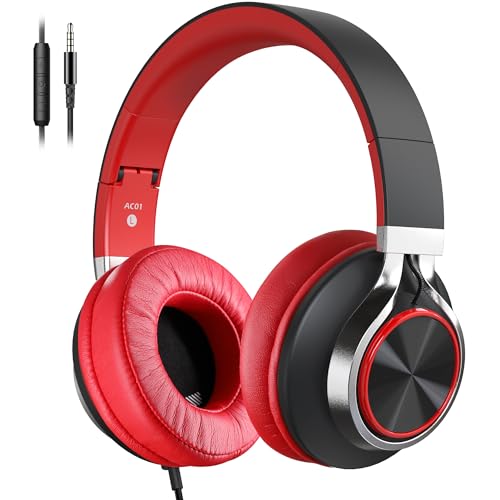 Over Ear Headphones Wired, AC01 Corded Stereo Headsets with Microphone Volume Control for Adults Teens Kids 3.5mm Jack for School, Chromebooks, Laptop, Tablets, Travel (Black Red) - color: Black Red