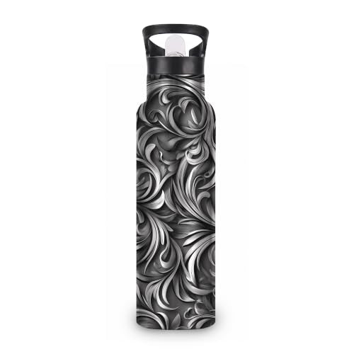 Black Vines Insulated Water Bottle with Straw 20 oz,Silver Foil Stainless Steel Leak Resistant Double Wall Water Bottles with Handle for Gym Sports Travel Outdoor - color: Black Vines,Silver Foil