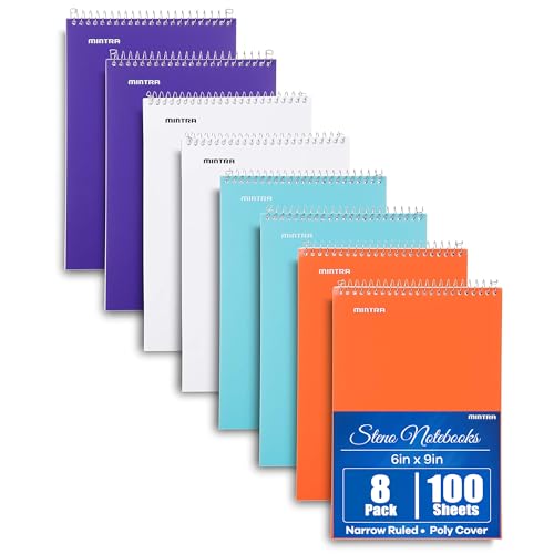 Mintra Office Steno Book - (BRIGHTS - Purp/Wht/Teal/Orange) - Poly Cover, 6in x 9in, 100 sheets, Narrow Ruled for Writing Notes for school, office, work, 6x9 steno notepad, top bound spiral notebook (8 PACK) - color: Poly Pastel Cover 8pk, size: Narrow Ru