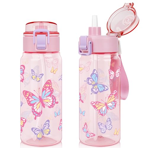 Tritan Kids Water Bottle for School, 18.6 oz Leakproof 2-in-1 Toddler Water Bottle with a Pop-up Detachbale Straw, Dishwasher Safe (Butterfly) - color: Butterfly