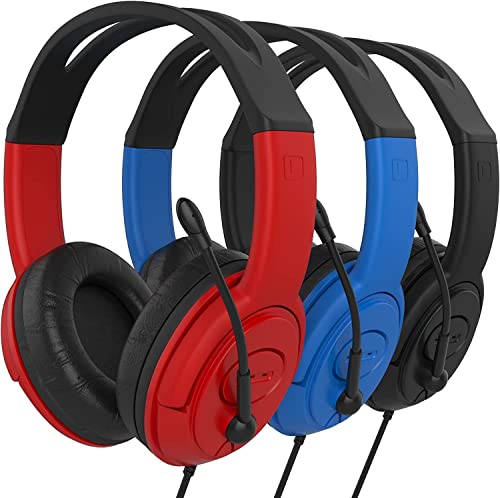 Maeline Headphones with Boom Microphone – Wired Over-Ear Headset with 3.5mm Plug for Classroom, School, Remote Learning, Office Use – Durable, Adjustable – Black, Red, Blue (3 Pack)