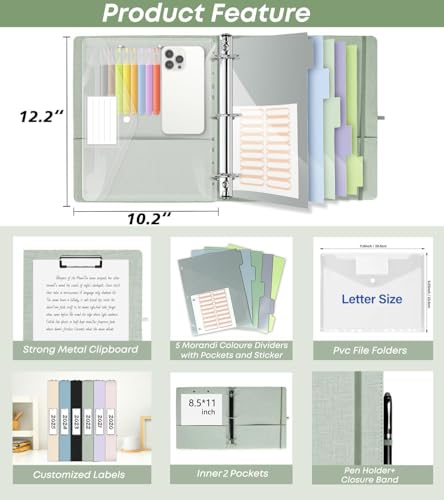 1 Inch 3 Ring Linen Binder Organizer, BVSSX Three Ring Binders with Clipboard, Plastic Folder, 5-Tabs Pocket Dividers with Sticker Labels, Pen Loop, Elastic Strap (Sauge, Letter Size) - color: Sauge, size: 1in（Letter Size）