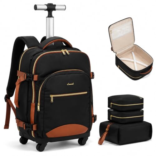 LOVEVOOK Rolling Backpack with Wheels, Carry On Luggage for Women - color: Black-brown, size: 56L-3Pcs-Luggage