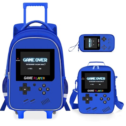 Kids Rolling Backpack for Boys - 3PCS Gamer Boys Rolling Backpack with Lunch Bag Set, Elementary Middle School Roller Bookbag with Adjustable Handle for Travel & School