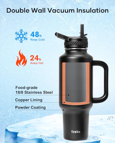Trebo Insulated Water Bottle 40oz Fits in Car Cup Holder with Side Handle | Stainless Steel Metal Tumbler with Straw Spout Lids, Triple-Wall Vacuum Copper Plated, Cold 48 Hrs Hot 24 Hrs for Travel, Gym - color: Deep Black, size: 40 Ounces