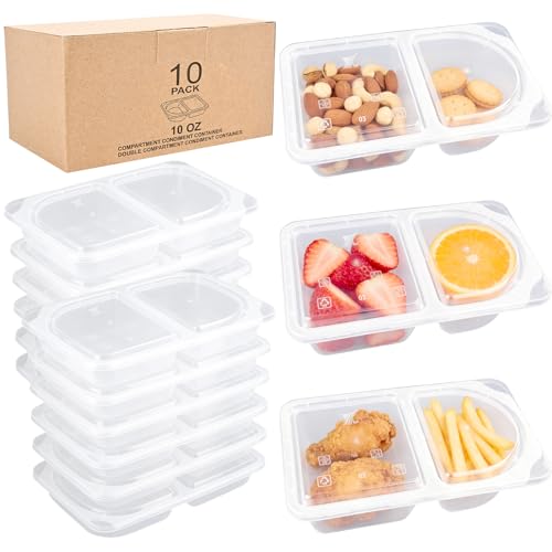 Reusable 10 OZ Snack Containers Compartment with Lids - 10 Sets Snack Containers, Double Snackle Box Compartment Condiment Containers, Snack Box for Sauce and Snacks