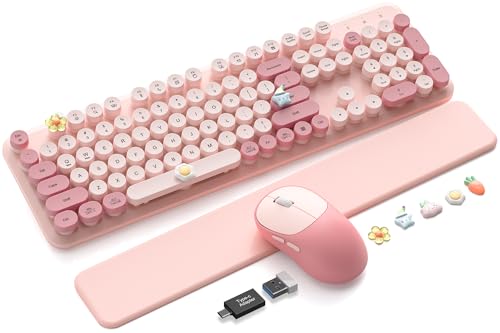 Wireless Keyboard and Mouse Combo, Typewriter Keyboard with Detachable Wrist Rest, Full-Size Retro Round Keycaps, Smart-Sleep, 2.4GHz Stable Connection for Mac/Windows/PC, Trueque(Rose Mist Pink) - color: Rose Mist Pink