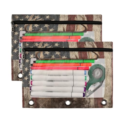 Kcldeci Pencil Pouch for 3 Ring Binder, Deer American Flag 2 Pack Binder Pencil Pouch with Clear Window Pencil Bags with Zipper Pencil Case for binder - color: A09