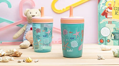 Zak Designs Shells Kelso Tumbler Set, Leak-Proof Screw-On Lid with Straw, Bundle for Kids Includes Plastic and Stainless Steel Cups with Bonus Sipper (3pc Set, Non-BPA) - color: Shells, size: 3 Piece Set (Pack of 1)