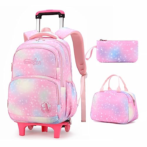 3Pcs Rolling Backpack for Girls Dream Princess Wind Bookbag with Wheels Travel Bag Trolley School Bag with Lunch Box Pink - color: 3 Pcs Pink-2 Wheels, size: 3 Pcs 2 wheels