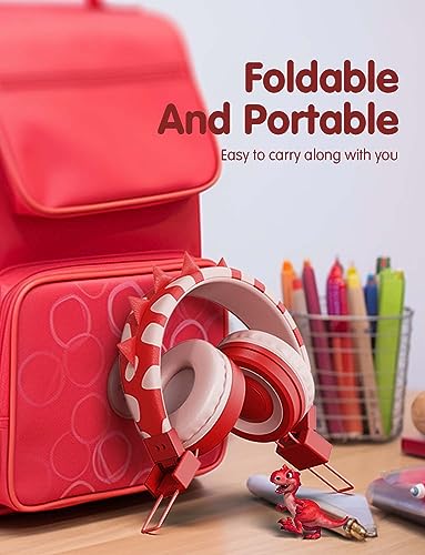 SIMJAR Dinosaur Kids Headphones with Microphone for School, Volume Limiter 85/94dB, Over-Ear Girls Boys Headphone for Kids with Foldable Wired Headphones for iPad/Travel (Red) - color: Red Dinosaur
