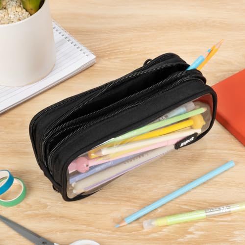 ZIPIT Half & Half Pencil Case, 3 Compartment Zipper Pouch for School, Stationery Bag for Teen Girls Boys and Adults, Black - color: Black