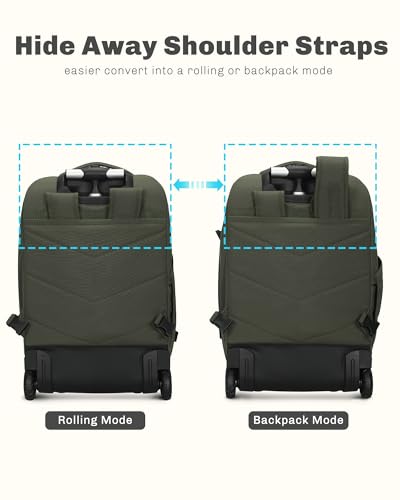 Hynes Eagle 2 in 1 Travel Backpack Set Rolling Backpack with Wheels Carry on Luggage 43L with Personal Item Bag for Men Women 17 inches Laptop Backpack Dark Green - color: Dark Green