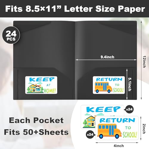 Henoyso 24 Pack Take Home Folders with 2 Pockets and Tabs, Plastic Classroom Communication Homework Folder School-to-Home with Clear Front Pocket for Students Parent Teacher Connector (Black) - color: Black