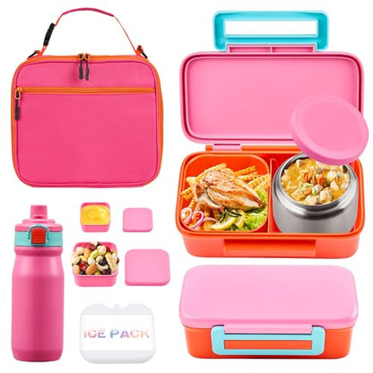 JXXM Bento Lunch Box for Kids With 8oz Thermo, Leakproof Bento Box with with 2 Compartments, Insulated Bottle, Lunch Bag, BPA Free Dishwasher Safe for School Girls Boys (Pink) - color: Pink 01