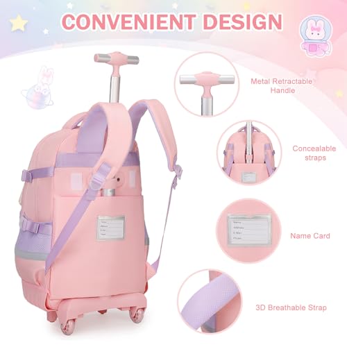 FIXITOK Rolling Backpack for Girls, Kawaii Bunny Roller Wheels School Backpacks with Lunch Bag Pencil case, Wheeled Suitcase Bookbag for Elementary Travel Pink - color: Pink