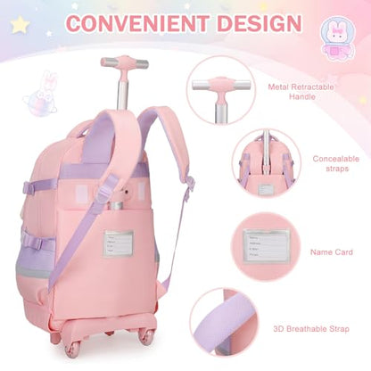 FIXITOK Rolling Backpack for Girls, Kawaii Bunny Roller Wheels School Backpacks with Lunch Bag Pencil case, Wheeled Suitcase Bookbag for Elementary Travel Pink - color: Pink