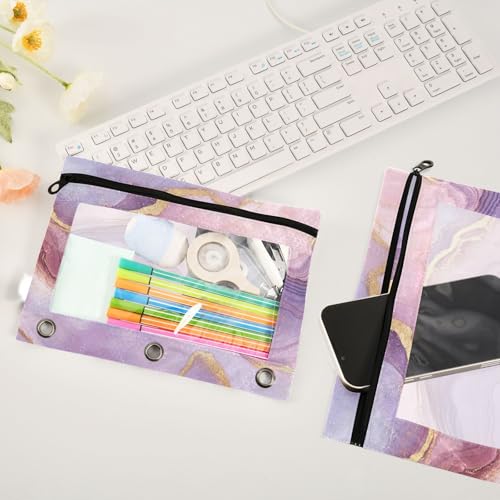 Kcldeci Pencil Pouch for 3 Ring Binder, Pink Marble 2 Pack Binder Pencil Pouch with Clear Window Pencil Bags with Zipper Pencil Case for Binder - color: A07