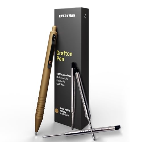 Everyman Military Super Matte Grafton Pen & Refill Set | Refillable Metal 0.7mm Gel Pen with 3 Smooth Black Ink Refills | Premium EDC Writing Tool for Office, Work, Travel & Gifting - color: Military, style: Pen with Refills Bundle