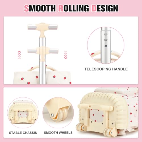 ACESAK Rolling Backpack for Girls - Roller Wheels School bag with Lunch Bag & Pencil Pouch for Teen Girls Kids Wheeled Suitcase Backpacks, Elementary Middle School Travel Daypack (Beige Strawberry) - color: Beige Strawberry