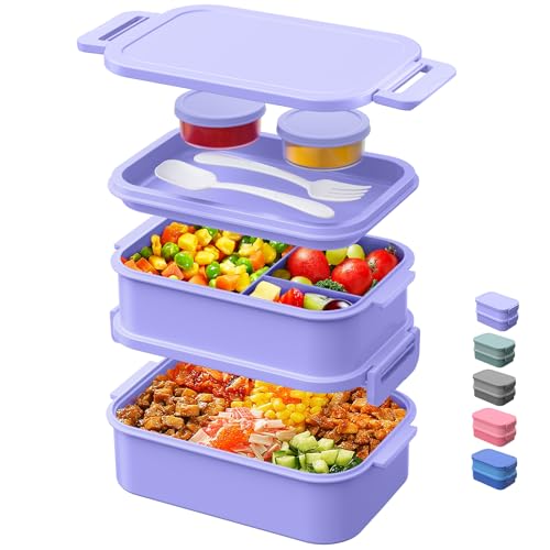 DaCool Lunch Box Adults Bento Box - 74 OZ All-in-One Stackable Lunch Box Containers for Adult Large Bento Box with Fork Spoon Sauce Boxes, Leakproof Lunchbox for Work School Dining Out,Macaron-Color - color: 4-Macaron Purple