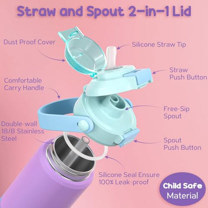 Kids Insulated Water Bottle with Pop-Open Straw & Spout 2-in-1 Lid, 14oz Kids Insulated 18/8 Stainless Steel Water Bottle for School Girls Boys Toddler Water Bottle Leak Proof Toddler Cups, Macaron - color: A1.Macaron, size: 14 Ounces