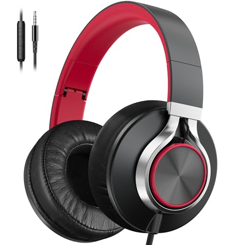 AILIHEN Wired Headphones with Microphone, Over-Ear Foldable Corded Head Phones with Volume Control 3.5mm Jack for Teens Adult Smartphones Chromebook (Red) - color: Red