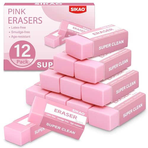 Pink Erasers, 12 Pack Block Pencil Erasers | Smudge-Free Latex-Free Cute Erasers for Girls, School Supplies, Clean Erase for Homework, Journaling & Drawing - style: Pink