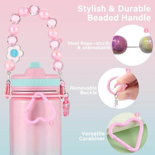 Mininoo Kids Water Bottle for School - 16 oz Stainless Steel Insulated Water Bottle with Ceramic-Lined, Leakproof Straw Lid & Beaded Handle for Girls & Boys - color: Sparkle Guava