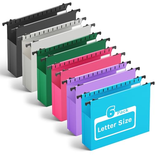 Ansook Extra Capacity Plastic Hanging File Folders Letter Size,Heavy Duty 2" Expanding Accordian Pocket with Black Insert Gasket, Filing Cabinet Folders,6 Pack Colored File Hanging Folders Organizer - color: Multicolored, style: 6-pack 2in