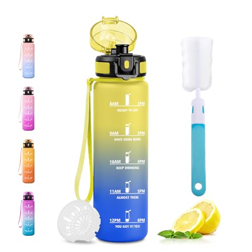 Drinking Bottle 500 ml, BPA-Free, Water Bottle with Filter and Time Marking for School, Yoga, Camping, Suitable for Carbonated Drinks, Girls, Boys - color: 500 ml, yellow + royal blue, size: 16.9 Ounces