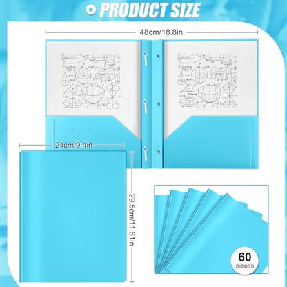 Yeaqee 60 Pcs Plastic Folders with Pockets and Prongs Plastic Folder 2 Pockets 3 Prongs with Card Slot for Office, School for Students, Teachers, Office Workers (Light Blue) - color: Light Blue
