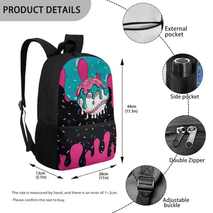 CLOHOMIN Baseball Kids Bookbag for Girls with Lunch Box 3 Piece Ice Cream Backpack Set Book Bags for Primary School Kids 1st Grade Cute Schoolbag with Lunch Tote Bag Water Bottle Bag for Girl 6-8 - color: Ice Cream Baseball
