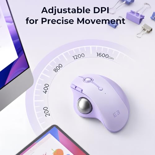 seenda Wireless Trackball Mouse, Ergonomic Bluetooth Rollerball Mouse Rechargeable, 3 Device Connection Optical Mice Adjustable DPI Thumb Control Mice Compatible for PC/Laptop/Windows - Light Purple - color: Light Purple