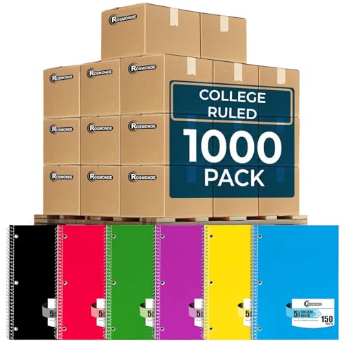 Rosmonde 1000 Packs (Pallet) 5 Subject Notebooks, Spiral Notebook Bulk, College Ruled,Pallet of Notebooks,150 Sheets (300 pages), 8 x 10-1/2", Bulk Spiral Notebooks for School & Office,4-7 Days Transit - size: 1000 Pack | Express Pallet, style: 5 Subject