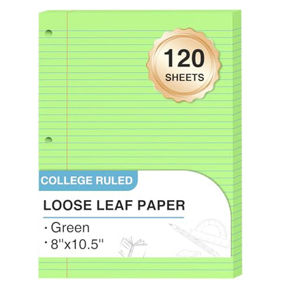Green Loose Leaf Paper 8 x 10.5, 120 Sheets Lined Paper College Ruled Paper, 3 Hole Punched Notebook Paper College Ruled, 3 Ring Binder Paper 8 x 10.5, Filler Paper College Ruled for Office, School - color: Green-120 Pcs