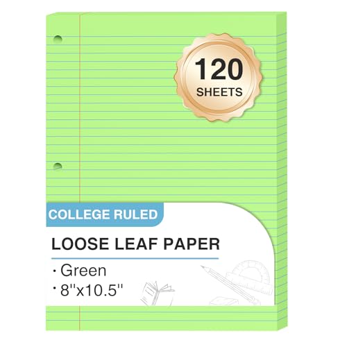 Green Loose Leaf Paper 8 x 10.5, 120 Sheets Lined Paper College Ruled Paper, 3 Hole Punched Notebook Paper College Ruled, 3 Ring Binder Paper 8 x 10.5, Filler Paper College Ruled for Office, School - color: Green-120 Pcs