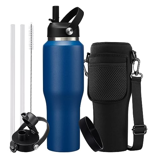 32oz Insulated Water-Bottle with Straw - Carrier Strap Bag, Keeps Cold 48h & Hot 24h, Metal Water Bottles 32 oz Cups with Lids for Gym/Hiking - color: Navy Blue, size: 32 Ounces