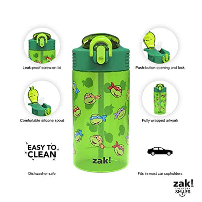 Zak Designs Teenage Mutant Ninja Turtles Kids Water Bottle For School or Travel, 16oz 2-Pack Durable Plastic Water Bottle With Straw, Handle, and Leak-Proof, Pop-Up Spout Cover (TMNT) - color: Teenage Mutant Ninja Turtles