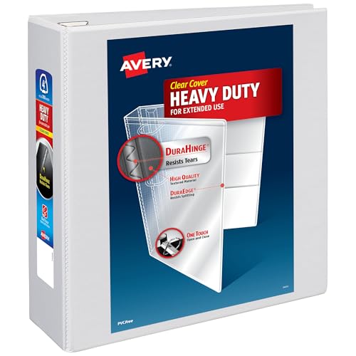 Avery Heavy-Duty View 3 Ring Binder, 4 Inch One Touch EZD Rings, 780-Sheet Capacity, 4.5 Inch Wide Spine, Customizable Clear Cover and Spine, 1 White Binder (79104) - size: 4"
