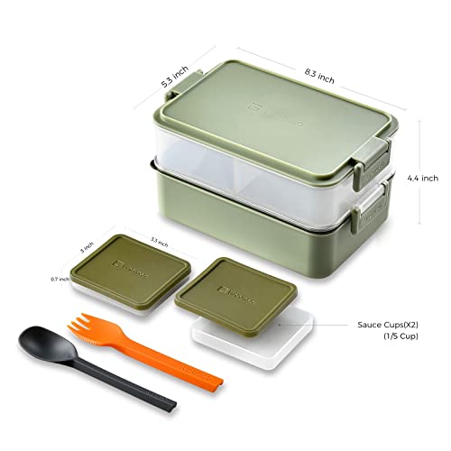 linoroso Stackable 2-Tier Adult Bento Box, 4 Compartments - Pale Mint | leakproof bento lunch box with fork & spoon + sauce cups, microwave/dishwasher safe, perfect for office, school & daily meals - color: Pale Mint
