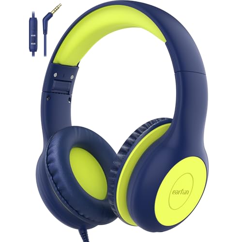 EarFun Kids Headphones Wired with Microphone, 85/94dB Volume Limit Headphones for Kids, Portable Wired Headphone with Shareport, Stereo Sound Foldable Headset for School/Tablet/iPad, Blue Lemon - color: Blue Lemon