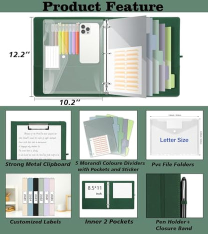 1 Inch 3 Ring Linen Binder Organizer, BVSSX Three Ring Binders with Clipboard, Plastic Folder, 5-Tabs Pocket Dividers with Sticker Labels, Pen Loop, Elastic Strap (Green,Letter Size) - color: 03-green, size: 1in（Letter Size）