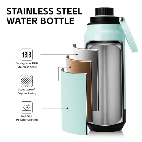GREYLOCK 32 oz Insulated Water Bottle with Straw Lid, Leakproof Reusable Stainless Steel Vacuum Flask, 24hr Cold & Hot, Carry Handle & Silicone Spout, BPA-Free for Gym, Hiking, Travel,Teal - color: Emerald Lake, size: 32 Ounces
